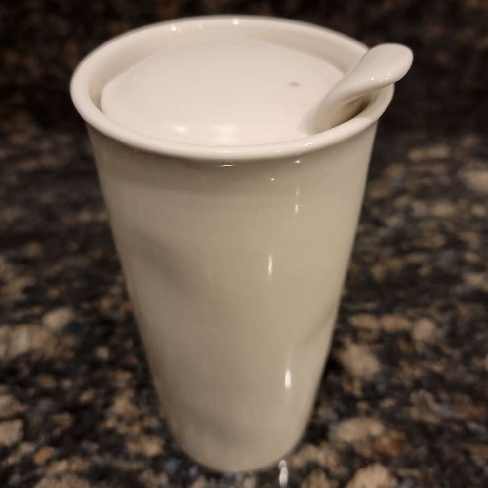 Rae Dunn DRINK Tall White Ceramic Coffee Travel Mug Tumbler with Lid - Picture 10 of 11
